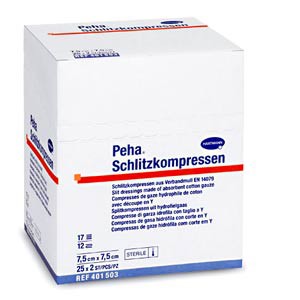 Hartmann Peha® Schlitzkompressen, 401503. Марлевая салфетка с Y-образным надрезом, стерильная, 7.5 х 7.5 см, 2 х 25 шт.
