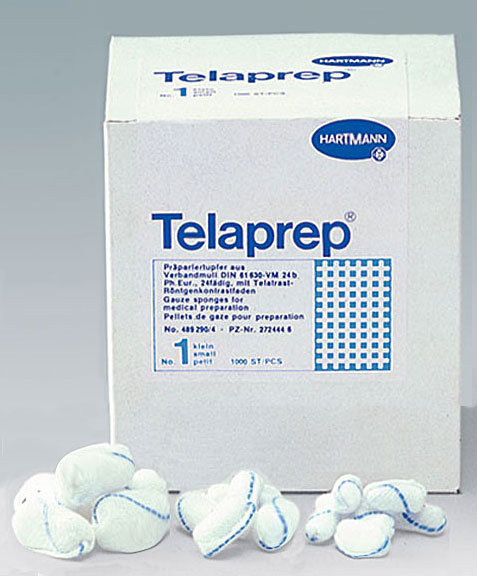 Hartmann Telaprep®, 489290. Марлевые тампоны для препарирования с рентгено-контрастной нитью, неcтерильные, N 1, 1000 шт.